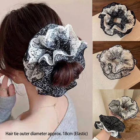 Coleteros con Estampado Floral de Estilo Francés para Mujer Gomas de Pelo Grandes de Doble Capa con Ribete de Encaje Vintage