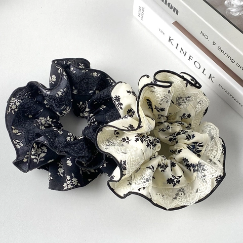 Coleteros con Estampado Floral de Estilo Francés para Mujer Gomas de Pelo Grandes de Doble Capa con Ribete de Encaje Vintage