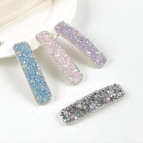 Korean Style Full Rhinestone Rectangular Hair Clip Light Luxury Crystal BB Clip For Women Elegant Duckbill Side Hair Accessories
