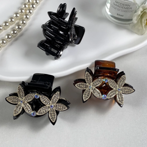 Pince à Cheveux Double Fleur de Style Coréen Femme Alliage Orné de Strass Accessoires Cheveux Élégants pour Chignon Coiffe Mode