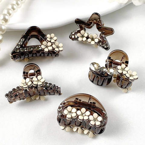 Pinza per Capelli Coreana con Fiore di Camelia e Stella con Strass Elegante Molla in Acrilico Tartarugato per Donna Accessorio Dolce