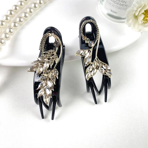 Elegante Vintage Strass Bloem Vlinder Haarclips Voor Vrouwen Zwarte Hars Eendenbek Clips Stijlvolle Party Haaraccessoires