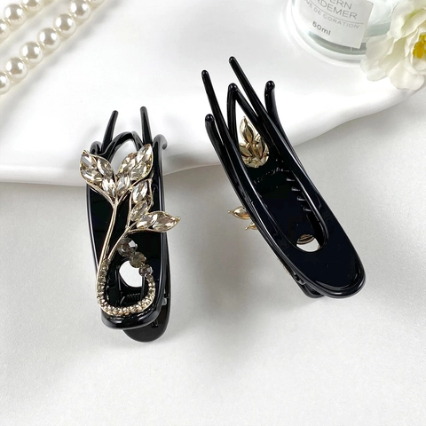 Elegante Vintage Strass Bloem Vlinder Haarclips Voor Vrouwen Zwarte Hars Eendenbek Clips Stijlvolle Party Haaraccessoires