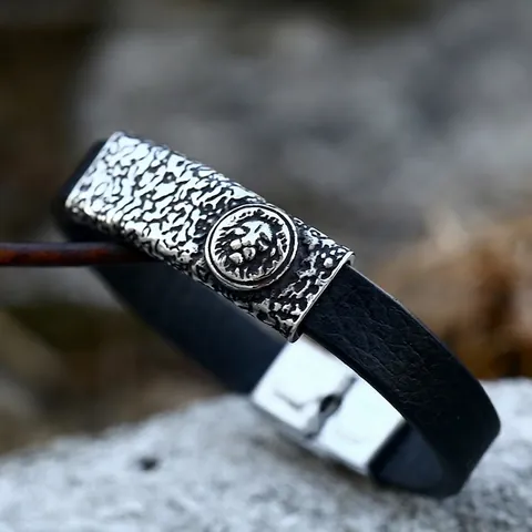 Herren Retro Löwenkopf Leder Armband Titanstahl Punk Rock Schmuck Für Herren Vintage Geprägtes Tier Armreif Armband