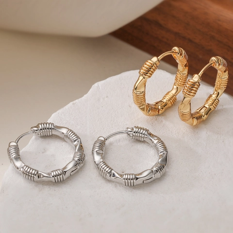 Pendientes de Aro de Cobre Chapados en Oro de 18K Vintage para Mujer Diseño Minimalista de Nudo de Bambú Espiral Joyería