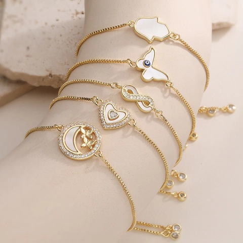 Mode Zart 18K Vergoldet Zirkonia Herz Schmetterling Armband Für Damen Kupfer Verstellbares Gleitarmband Schmuck