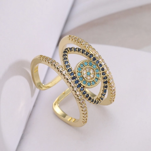 Anello Aperto in Rame Placcato Oro 18K Vintage Malocchio per Donna Gioielli Bohémien in Zircone Turchese Multistrato