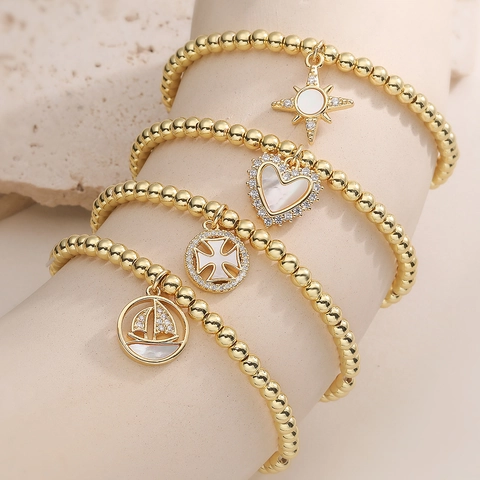 Minimalist Personality Copper Gold Plated Beaded Bracelet Rhinestone Heart Star Ship Cross Pendant Fashion Jewelry For Women