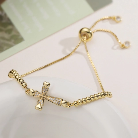 Mode Cuivre Plaqué Or Pendentif Croix Bracelet Réglable pour Femmes Micro Serti Zirconia Perles Chaîne de Boîte Bijoux Cadeau