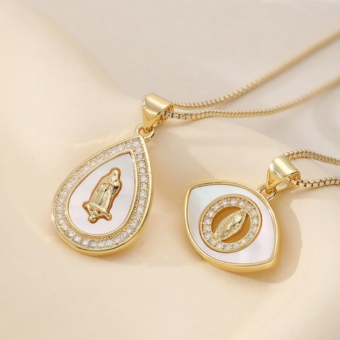 Collana con Ciondolo Occhio della Vergine Maria in Rame Placcato Oro 18K con Intarsio di Conchiglia Zirconia Gioielli Religiosi Donna
