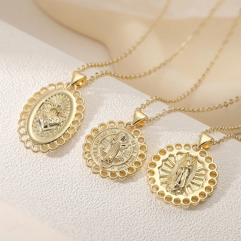 Religious Medal Pendant Necklace Copper 18K Gold Plated Virgin Mary St Benedict Sacred Heart Vintage Catholic Jewelry For Women