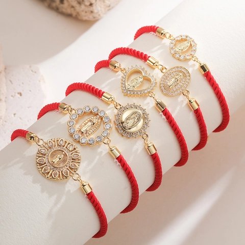 Vintage Virgin Mary Guadalupe Red Braided Rope Bracelet Gold Plated Copper Zircon Religious Jewelry For Women Bohemian Style