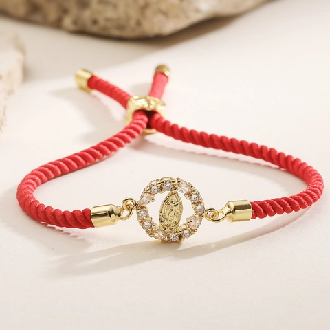 Vintage Virgin Mary Guadalupe Red Braided Rope Bracelet Gold Plated Copper Zircon Religious Jewelry For Women Bohemian Style
