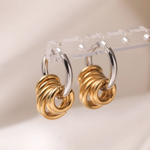 Pendientes de Aro Bicolor de Acero Inoxidable para Mujer Bañados en Oro de 18K y Plata Pendientes de Aro Redondos Geométricos Multicapa