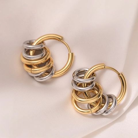 Pendientes de Aro Bicolor de Acero Inoxidable para Mujer Bañados en Oro de 18K y Plata Pendientes de Aro Redondos Geométricos Multicapa