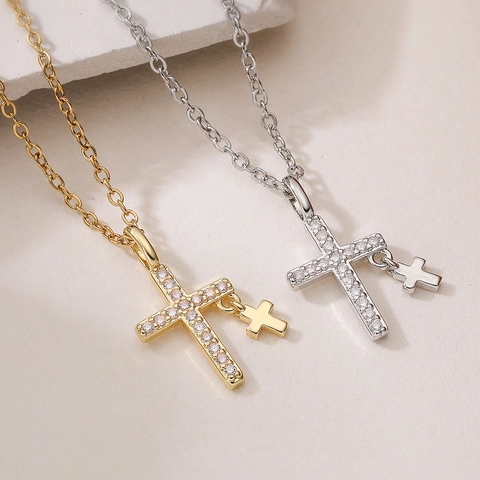Vintage 18K Vergulde Koperen Kruis Hanger Halsketting Minimalistisch Dubbel Kruis Zirkonia Religieuze Choker Voor Vrouwen Sieraden