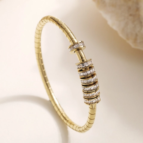 Luxury 18K Gold Plated Stainless Steel Bangle For Women Cubic Zirconia Sliding Lucky Beads Tubogas Flexible Bracelet Jewelry