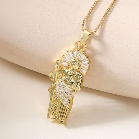18K Vergulde Koperen Sint Judas Thaddaeus Hanger Halsketting Met Strass Inleg Religieuze Sieraden Voor Dames Heren
