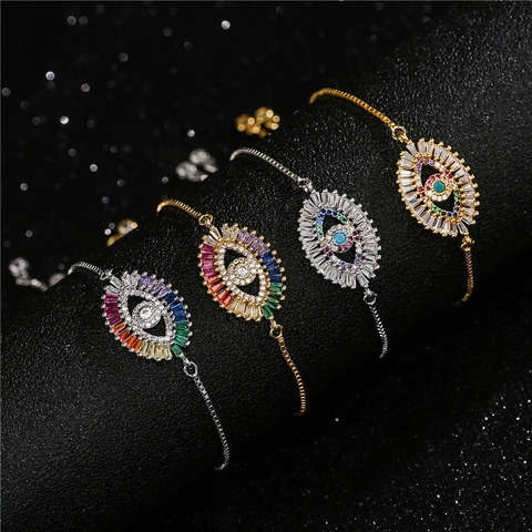 Exquisite Copper Evil Eye Adjustable Bracelet Colorful Zirconia Micro Inlaid Charm Fashion Jewelry For Women Gift Daily Accessory