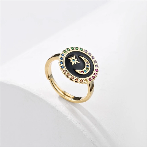 Bohemian Copper Rings For Women Colorful Enamel Moon Star Adjustable Open Finger Ring Zirconia Vintage Jewelry Gift