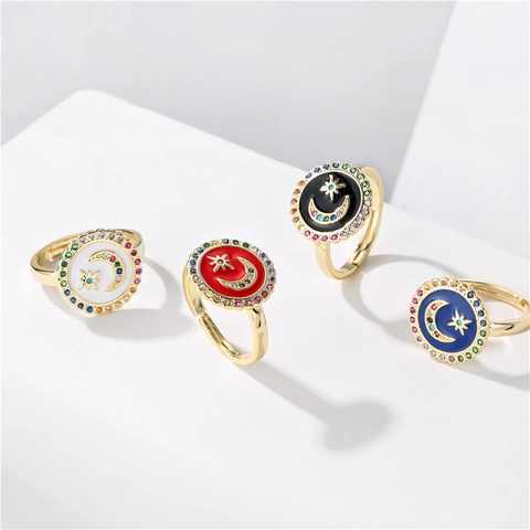 Bohemian Copper Rings For Women Colorful Enamel Moon Star Adjustable Open Finger Ring Zirconia Vintage Jewelry Gift