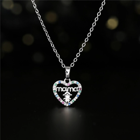 Collar de Colgante Mama de Corazón de Cobre Circonia Con Diamantes de Imitación Coloridos Regalo Día de la Madre Joyería Mujer