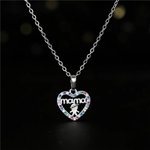 Copper Zirconia Heart Mama Pendant Necklace Multi-Color Zirconia Inlaid Mother Day Jewelry For Women Gold Silver Plated Gifts