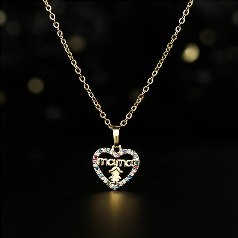 Collar de Colgante Mama de Corazón de Cobre Circonia Con Diamantes de Imitación Coloridos Regalo Día de la Madre Joyería Mujer