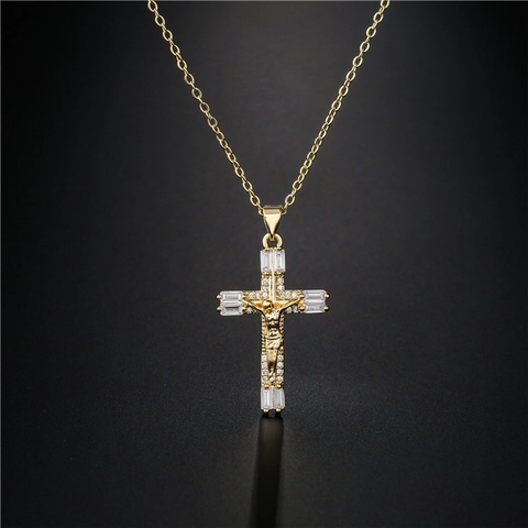 Religieuze Jezus Crucifix Kruis Hanger Ketting Voor Mannen Vrouwen Koper 18K Verguld Zirconia Ingelegd Sieraden