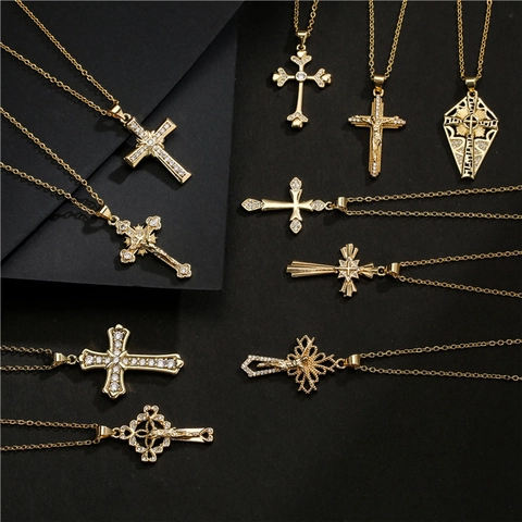 Religieuze Jezus Crucifix Kruis Hanger Ketting Voor Mannen Vrouwen Koper 18K Verguld Zirconia Ingelegd Sieraden