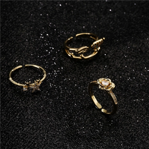 Minimalistischer Vergoldeter Kupferring Für Damen Mikro Eingelegter Zirkonia Geometrischer Dreireihiger Verstellbarer Offener Ring INS Stil Schmuck