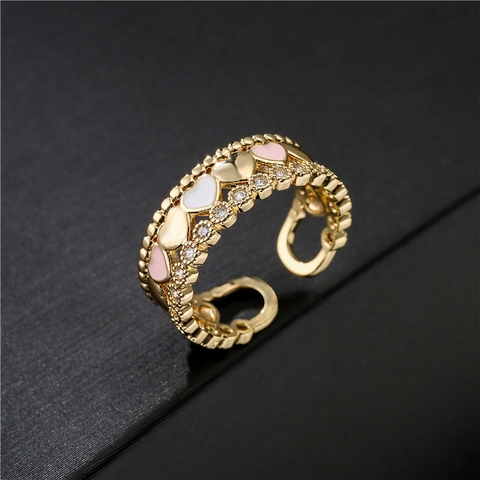 Fashion Copper 18K Gold Plated Heart Shaped Ring For Women Adjustable Enamel Zirconia Inlaid Open Finger Ring Jewelry Gift