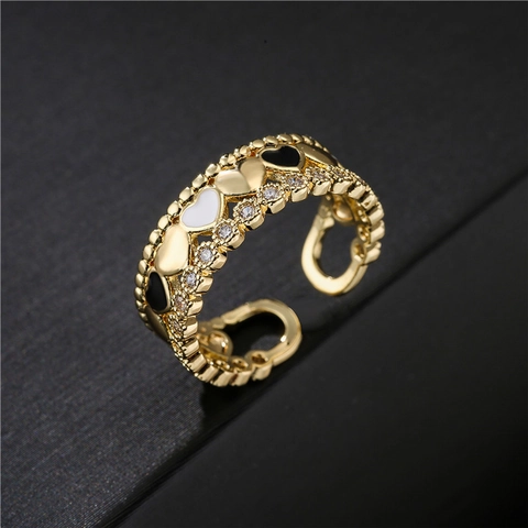 Fashion Copper 18K Gold Plated Heart Shaped Ring For Women Adjustable Enamel Zirconia Inlaid Open Finger Ring Jewelry Gift