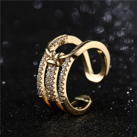 Minimalistischer Vergoldeter Kupferring Für Damen Mikro Eingelegter Zirkonia Geometrischer Dreireihiger Verstellbarer Offener Ring INS Stil Schmuck