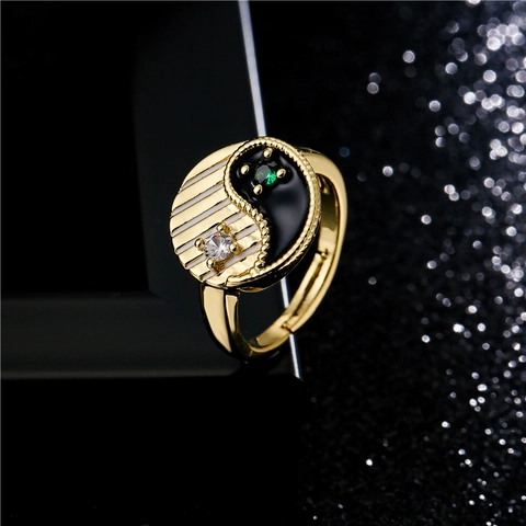 Bague Ouverte Ajustable Yin Yang Taichi Cuivre Plaqué Or Zircone Émail Anneau De Doigt Pour Femmes Bijoux Vintage
