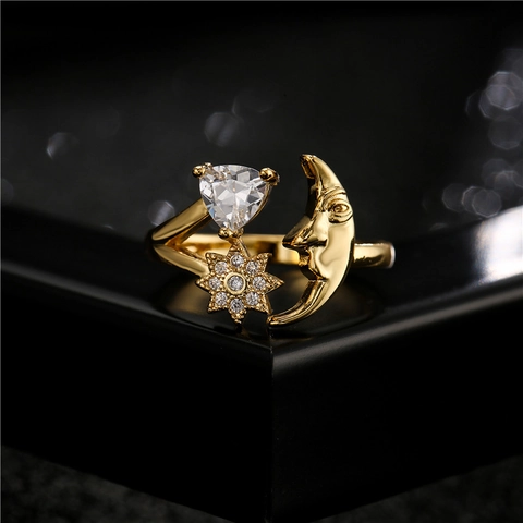 Vintage Gold Vergoldeter Kupfer Stern Mond Ring Zirkonia Eingelegt Verstellbare Offene Fingerringe Für Damen Mode Schmuck
