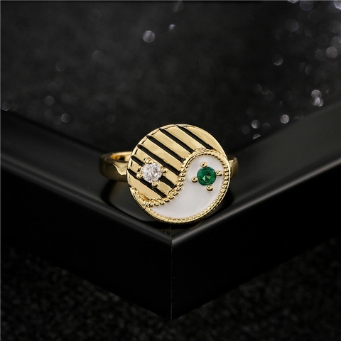 Bague Ouverte Ajustable Yin Yang Taichi Cuivre Plaqué Or Zircone Émail Anneau De Doigt Pour Femmes Bijoux Vintage