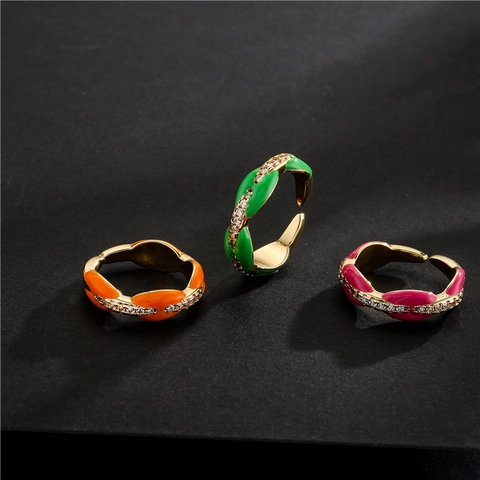 18K Gold Plated Copper Colorful Enamel Adjustable Ring Micro Inlaid Zircon Twisted Rope Geometric Open Ring For Women Jewelry