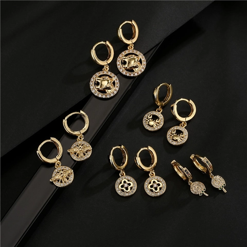 Pendientes Largos de Trébol de Cuatro Hojas de Cobre Bañado en Oro 18K para Mujer Pendientes de Aro Geométricos con Circonia Joyería