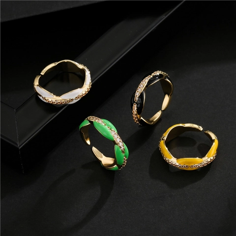 18K Gold Plated Copper Colorful Enamel Adjustable Ring Micro Inlaid Zircon Twisted Rope Geometric Open Ring For Women Jewelry