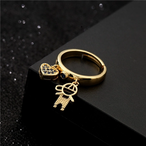 18K Vergoldeter Kupfer Zirkonia Junge Mädchen Herz Anhänger Offener Ring Verstellbarer Cartoon-Stil Damen Schmuck Geschenk