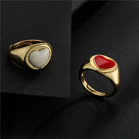 18K Vergoldeter Kupfer Offener Ring Für Damen Buntes Herz Emaille Zirkonia Geometrischer Einstellbarer Mode Schmuck Fingerring