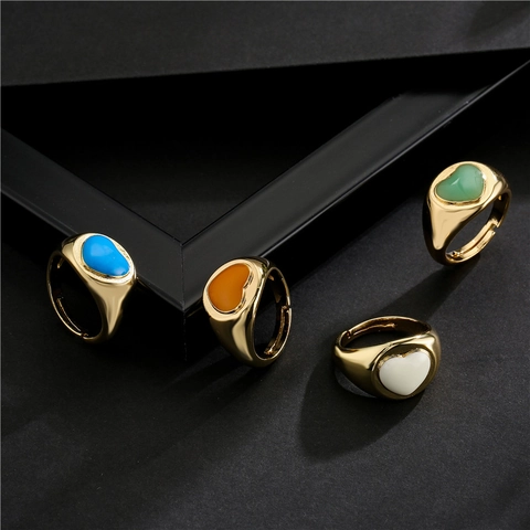 18K Vergoldeter Kupfer Offener Ring Für Damen Buntes Herz Emaille Zirkonia Geometrischer Einstellbarer Mode Schmuck Fingerring