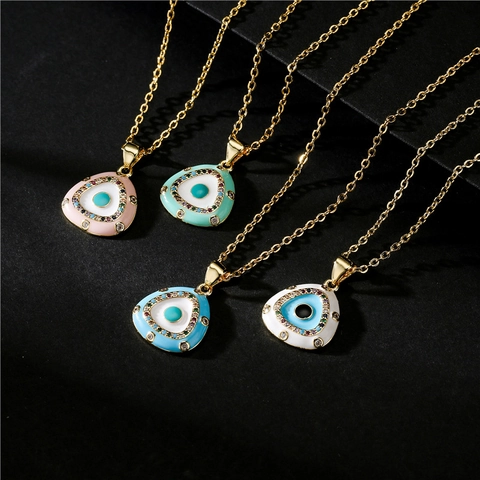 Collana con Pendente Malocchio in Rame Vintage per Donna Micro Intarsiato Zirconia Smalto Triangolo Charm Gioielli Oro