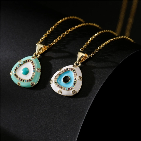 Collana con Pendente Malocchio in Rame Vintage per Donna Micro Intarsiato Zirconia Smalto Triangolo Charm Gioielli Oro