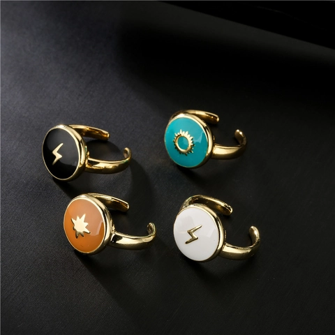 Geometrischer Kupfer Zirkonia Offener Verstellbarer Ring Gold Vergoldet Emaille Sternenstrahlen Personalisierter Modeschmuck Für Damen