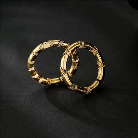 Anello Aperto in Rame Placcato Oro 18K per Donna Vintage Lussuoso Zirconia Micro-Pavé Helix Texture di Bambù Gioiello Regolabile