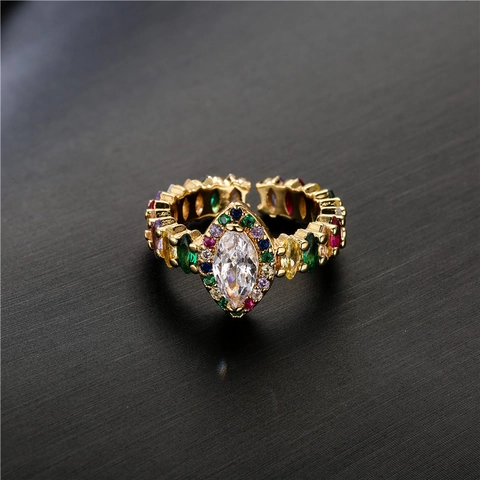 Vintage Copper Zirconia Open Ring Gold Plated Marquise Cut Colorful Gemstone Adjustable Statement Jewelry Ring For Wedding Party Women
