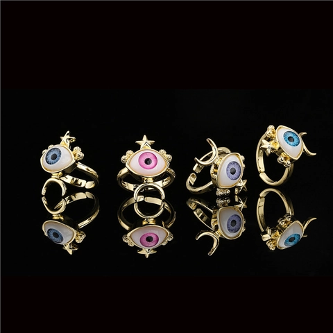 Geometrischer Böser Blick Verstellbarer Offener Ring Für Damen Vergoldet Kupfer Stern Mond Strass Böhmischer Mode Finger Schmuck