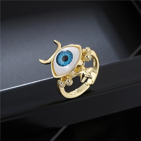 Geometrischer Böser Blick Verstellbarer Offener Ring Für Damen Vergoldet Kupfer Stern Mond Strass Böhmischer Mode Finger Schmuck